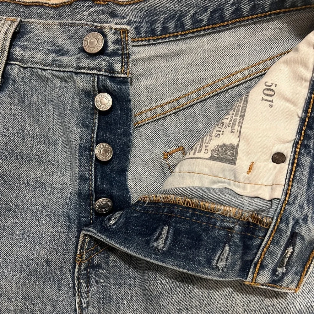 Levis Premium 501 Blue Distressed Denim Jean Shorts Frayed- Size 28